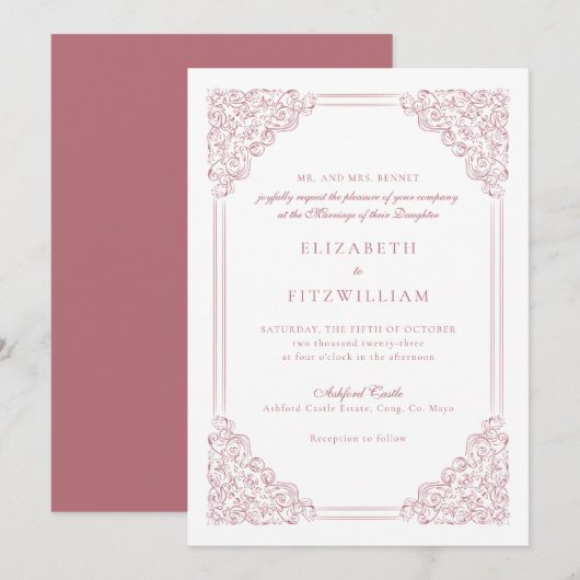 Invitation Mariage Vintage Victorian Muet Rose (Devant / Derrière)