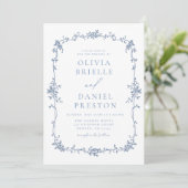 Invitation Mariage Vintage victorien bleu Floral (Debout devant)