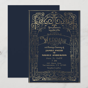 Invitation Mariage Vintage Victorien Décoration Bleu Nuit & O