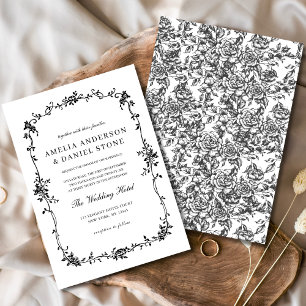 Invitation Mariage Vintage victorien noir blanc Floral