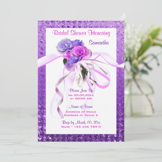 Invitation Mariage violet à fleurs roses (Debout devant)