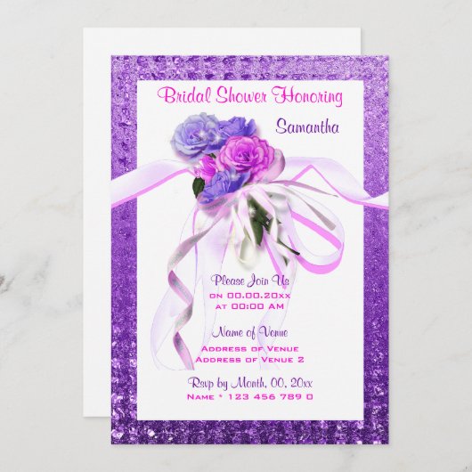 Invitation Mariage violet à fleurs roses (Devant / Derrière)