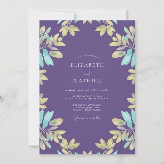 Invitation Mariage Violet Aqua Feuillu (Devant)