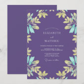 Invitation Mariage Violet Aqua Feuillu (Devant / Derrière)