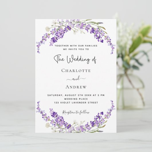 Invitation Mariage violet de fleurs de lavande (Debout devant)
