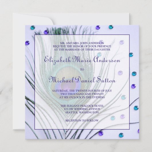 Invitation Mariage violet de plumes de paon de Glam (Devant)