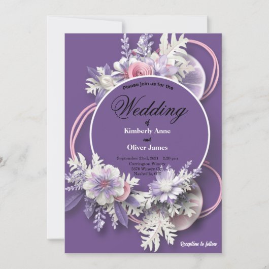 Invitation Mariage Violet et fleurs blanches et roses (Devant)