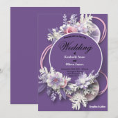 Invitation Mariage Violet et fleurs blanches et roses (Devant / Derrière)