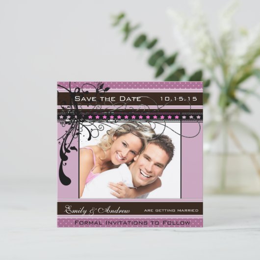 Invitation Mariage Violet et Rose Photo Enregistrer la Date (Debout devant)