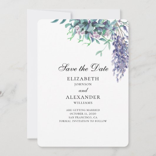 Invitation Mariage violet et sarcelle. Fleurs à conserver la (Devant)