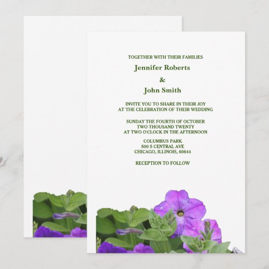 Invitation Mariage violet Floral Sage vert Violet Fleurs (Devant / Derrière)