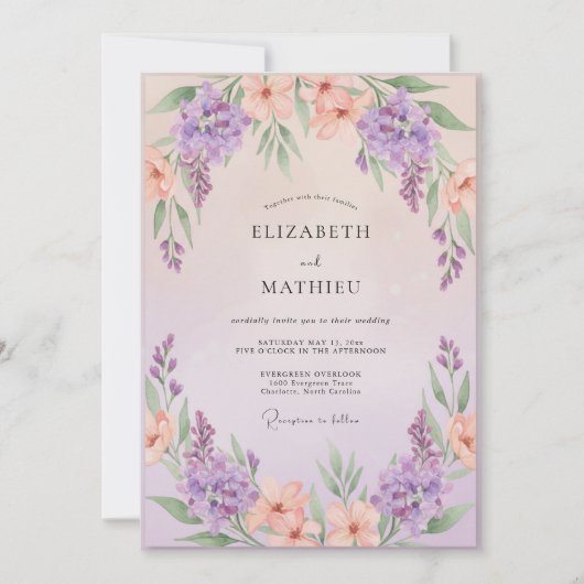 Invitation Mariage Violet Glycine Pêche (Devant)