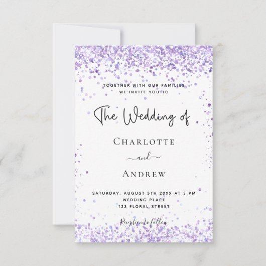 Invitation Mariage violet lavande parties scintillant script  (Devant)