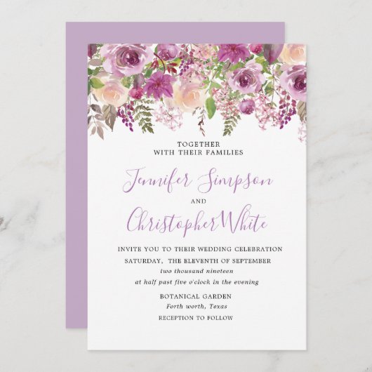 Invitation Mariage violet lavande violette Floral Violet (Devant / Derrière)