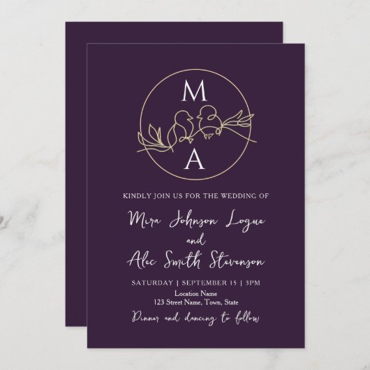 Invitation Mariage violet monogramme (Devant / Derrière)