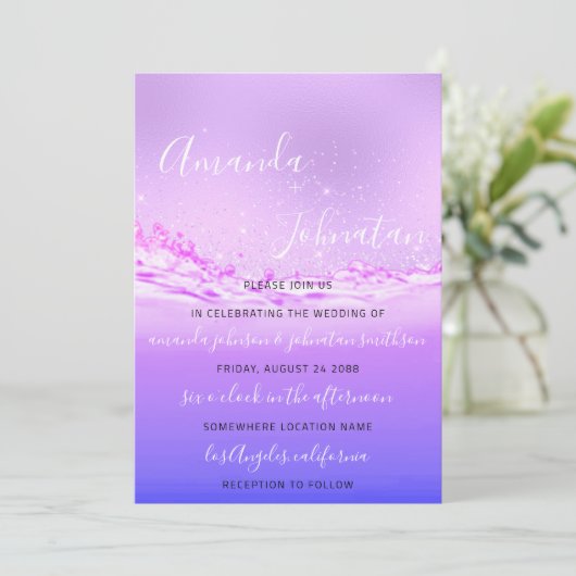 Invitation Mariage violet Océan rose bulles d'étincelle Aqua (Debout devant)