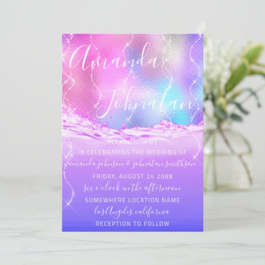 Invitation Mariage Violet Océan Rose Vagues Ocean Spark (Debout devant)