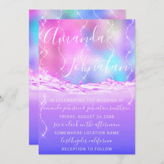Invitation Mariage Violet Océan Rose Vagues Ocean Spark (Devant / Derrière)
