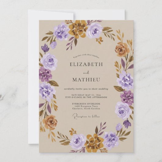 Invitation Mariage Violet Ocre Ranunculus Eucalyptus (Devant)