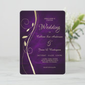 Invitation Mariage violet profond à feuille d'or (Debout devant)