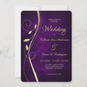 Invitation Mariage violet profond à feuille d'or (Devant)