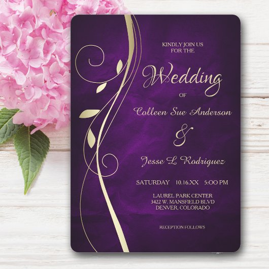 Invitation Mariage violet profond à feuille d'or