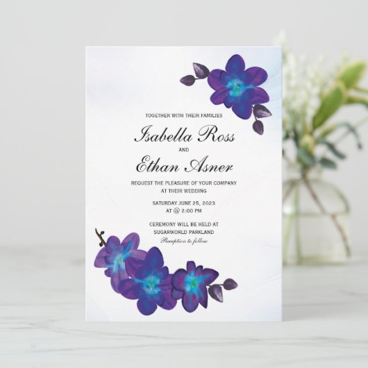 Invitation Mariage violet Turquoise bleu orchidée (Debout devant)