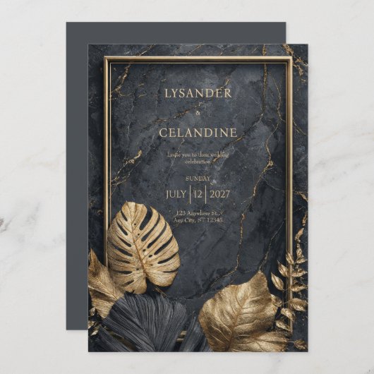 Invitation Mariage VIP exclusif en marbre noir et or (Devant / Derrière)