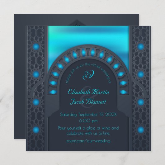 Invitation Mariage virtuel bleu d'Archway marocain (Devant / Derrière)