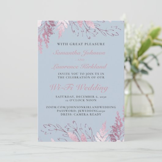 Invitation Mariage virtuel bleu rose pâle (Debout devant)
