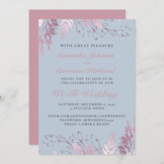 Invitation Mariage virtuel bleu rose pâle (Devant / Derrière)