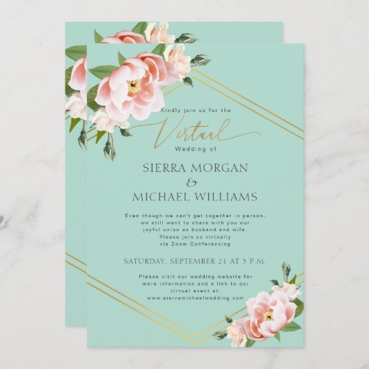 Invitation Mariage virtuel Blush Floral Peony Gold Mint Green (Devant / Derrière)