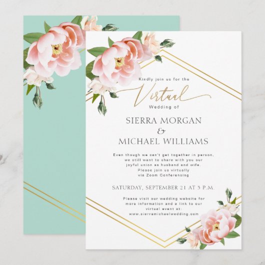 Invitation Mariage virtuel Blush Peony Floral Gold Mint Green (Devant / Derrière)