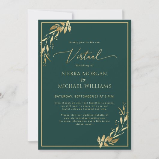 Invitation Mariage virtuel Chic Golden Foliage Emerald Green (Devant)