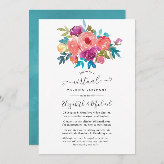 Invitation Mariage virtuel corail, turquoise et violet (Devant / Derrière)