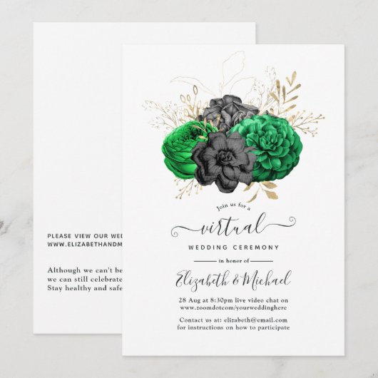 Invitation Mariage virtuel Dark Emerald et Gold Floral (Devant / Derrière)