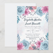 Invitation Mariage virtuel Dusty Blue Rose et rose Floral (Devant / Derrière)