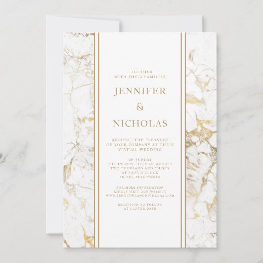 Invitation Mariage virtuel élégant en marbre blanc et or (Devant)