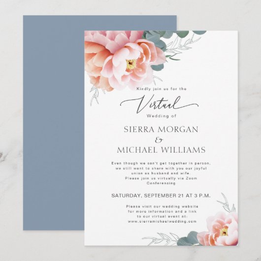Invitation Mariage Virtuel Élégant Floral Blush Dusty Blue (Devant / Derrière)