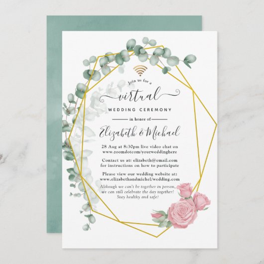 Invitation Mariage virtuel en ligne Eucalyptus Rose (Devant / Derrière)
