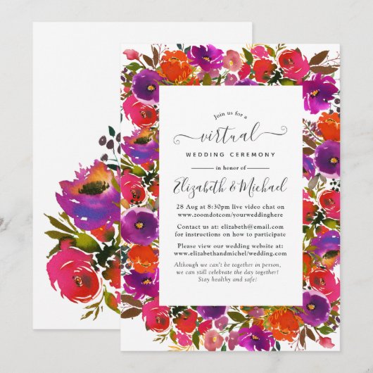 Invitation Mariage virtuel en ligne Floral violet et orange (Devant / Derrière)