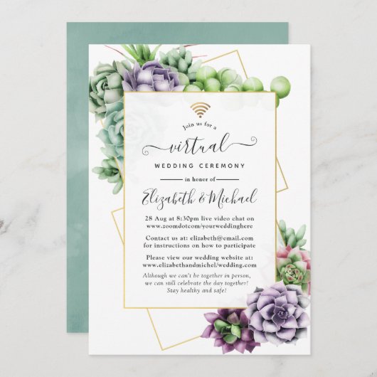 Invitation Mariage virtuel en ligne géométrique Succulent (Devant / Derrière)