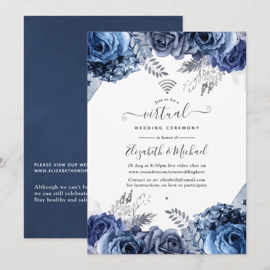 Invitation Mariage virtuel en ligne Marine et Flore blanche (Devant / Derrière)