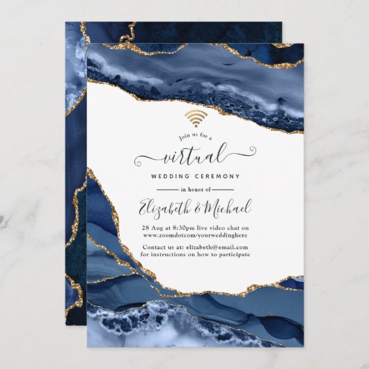 Invitation Mariage virtuel en ligne Marine et Gold Agate (Devant / Derrière)