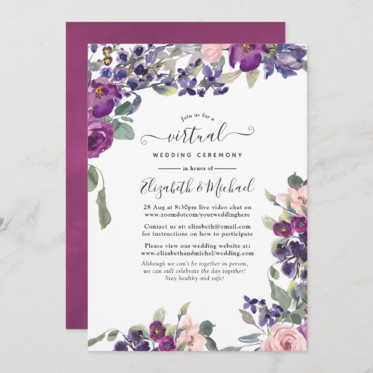 Invitation Mariage virtuel en ligne Violet et Plum Floral (Devant / Derrière)