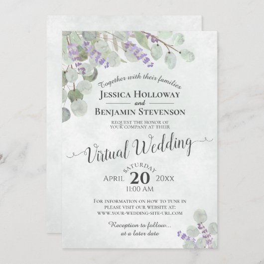 Invitation Mariage virtuel Eucalyptus Lavender & Green (Devant / Derrière)