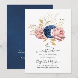 Invitation Mariage Virtuel Fleurie Rose Pâle, Nuit et Or