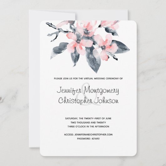 Invitation Mariage Virtuel Fleurs Roses et Grises Aquarelle (Devant)