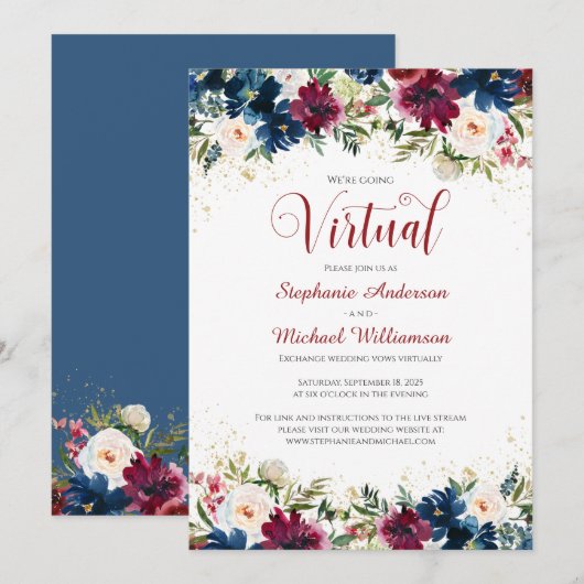 Invitation Mariage virtuel Floral de la marine de Bourgogne (Devant / Derrière)