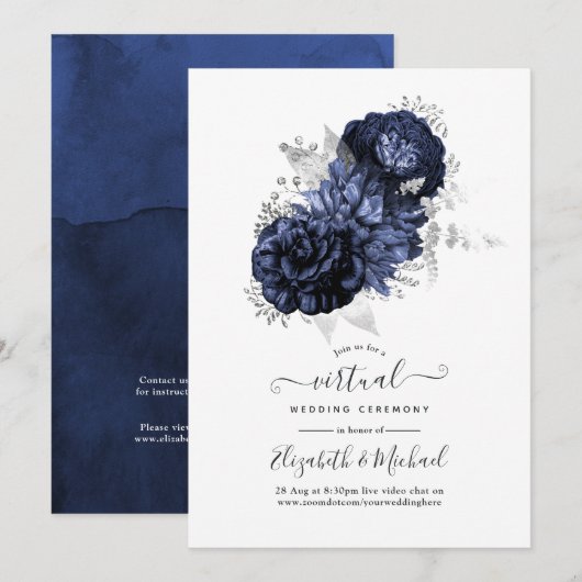 Invitation Mariage Virtuel Floral Navy et Argent (Devant / Derrière)